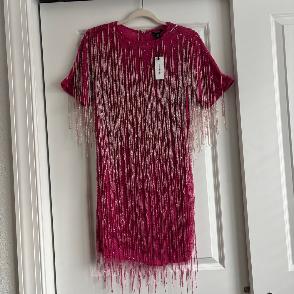 NWT Nasty Gal Tassel Beaded Mini Shift Dress Size 8 Party Hot Pink Festival - Picture 2 of 13